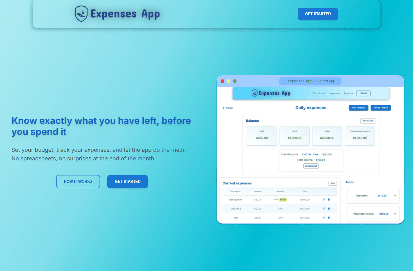 expenses app landing page main