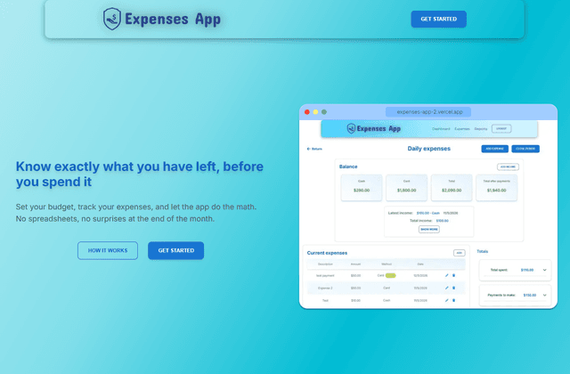 expenses app landing page